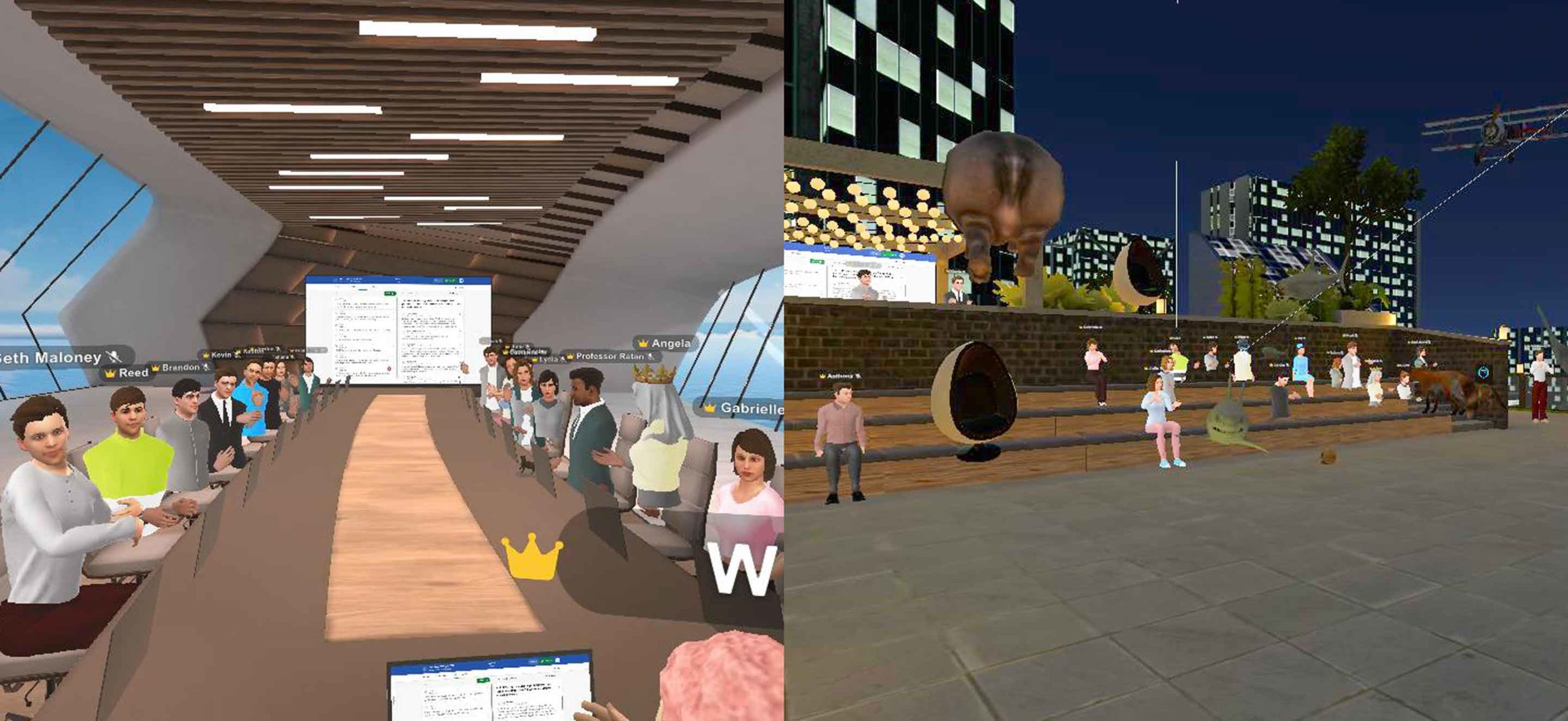 Two photos collaged. The photo on the left shows many virtual people sitting around a virtual table in a meeting. The photo on the right shows the employees virtually outdoors taking a break.