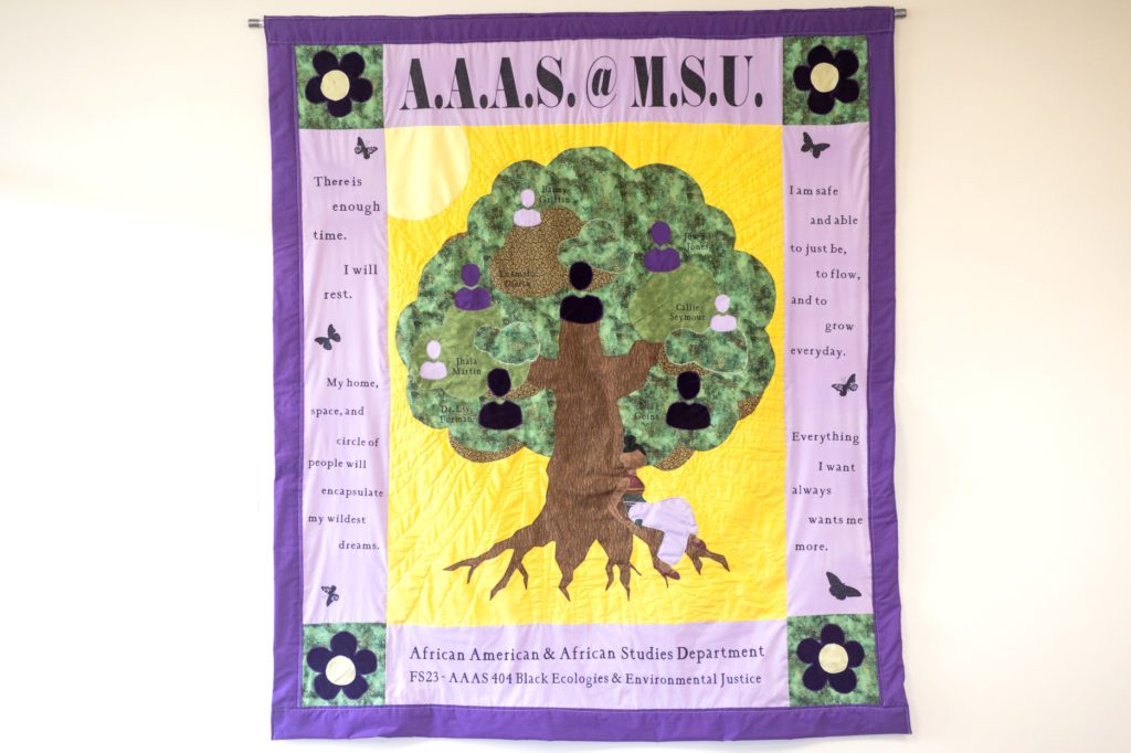 A purple and yellow quilt that shows a treaa and its roots. At the top, the quilt says: A.A.A.S. @ M.S.U.