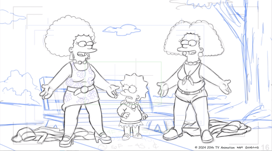 A drawing of three cartoon characters in a park. 