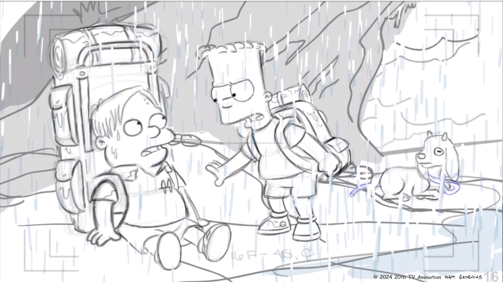 A drawing of two cartoon characters in the rain