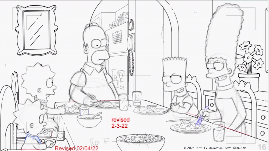 A drawing of a cartoon family at a dining table.