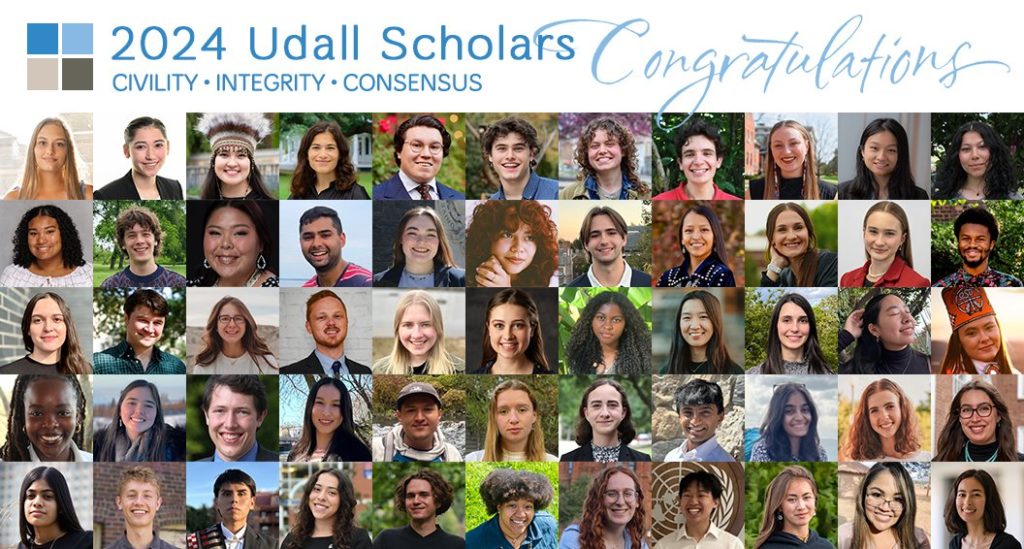 Graphic that includes the headshots of each of the 55 2024 Udall Scholars. At the top of the graphic it says "2024 Udall Scholars: Civility, Integrity, Consensus - Congratulations"