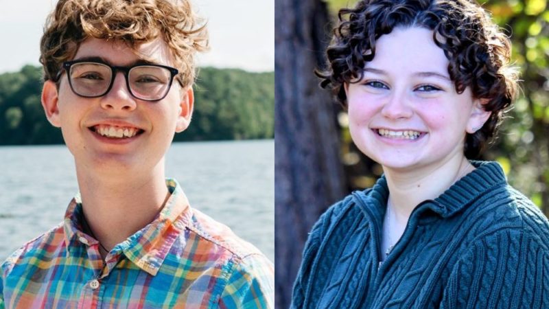 Two pictures side by side. On the left is a man with a colorful checkered shirt, curly hair, and glasses standing on a dock; on the right is a woman with curly brown hair, a green sweater, and blue jeans sitting in a forest.