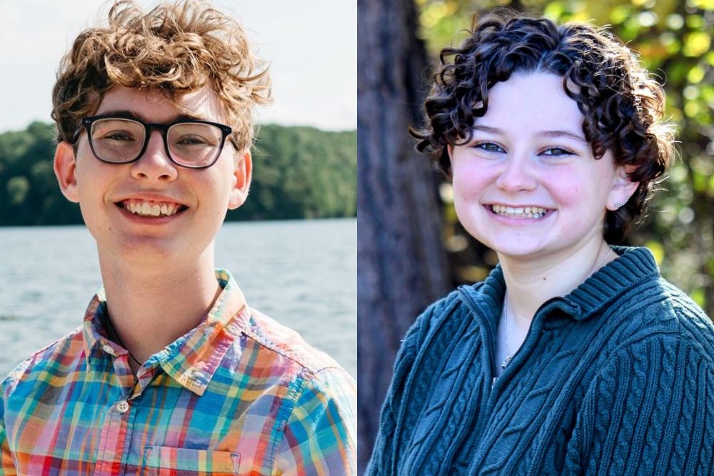 Two pictures side by side. On the left is a man with a colorful checkered shirt, curly hair, and glasses standing on a dock; on the right is a woman with curly brown hair, a green sweater, and blue jeans sitting in a forest.