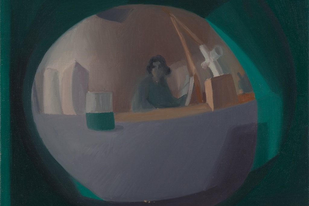 A picture of a painting of a woman in the middle of an orb, surrounded by deep green. 