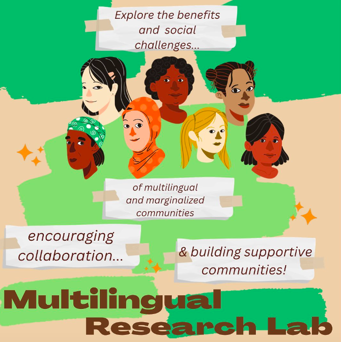 A drawing of seven faces representing a multilingual community over the words Multilingual Research Lab