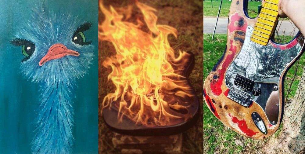 A collage of three pictures: left, a painting of an ostrich; in the middle, a burning guitar; on the right, a guitar held outside. 