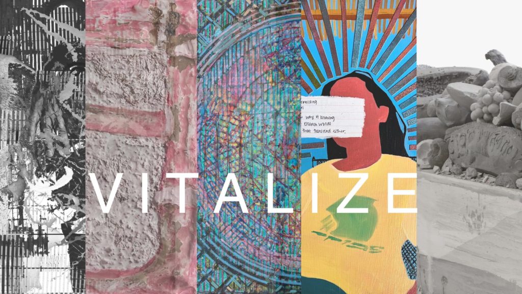 Collage of five vertical artistic panels with the word 'VITALIZE' in bold, white text across the center. The panels feature diverse textures and designs: abstract black and white stripes and shapes, a textured pink and beige wall, a colorful geometric pattern with blue and purple lines, a stylized portrait of a person with a paper strip over their eyes, and a grayscale stone sculpture with fruit.