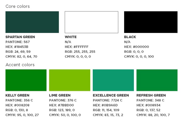 Color swatches and their corresponding color values. 