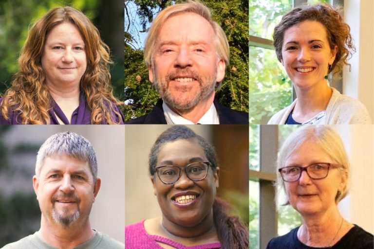 Collage of six people in a 3x2 grid. Top row, left to right: woman with long wavy auburn hair, wearing a purple blouse; man with light hair and beard, wearing a suit jacket and tie; woman with curly hair pulled back, wearing a light cardigan and smiling. Bottom row, left to right: man with short gray hair and beard, wearing a green shirt; woman with glasses and a smile, wearing a magenta top; woman with light hair and glasses, wearing a black top, standing by a window