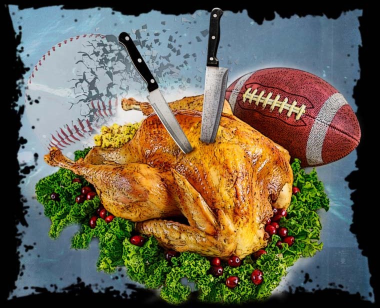 graphic image showing a cooked turkey with two knives in it, layng on a bed of greens and cranberries and in the background is a football and a baseball. 