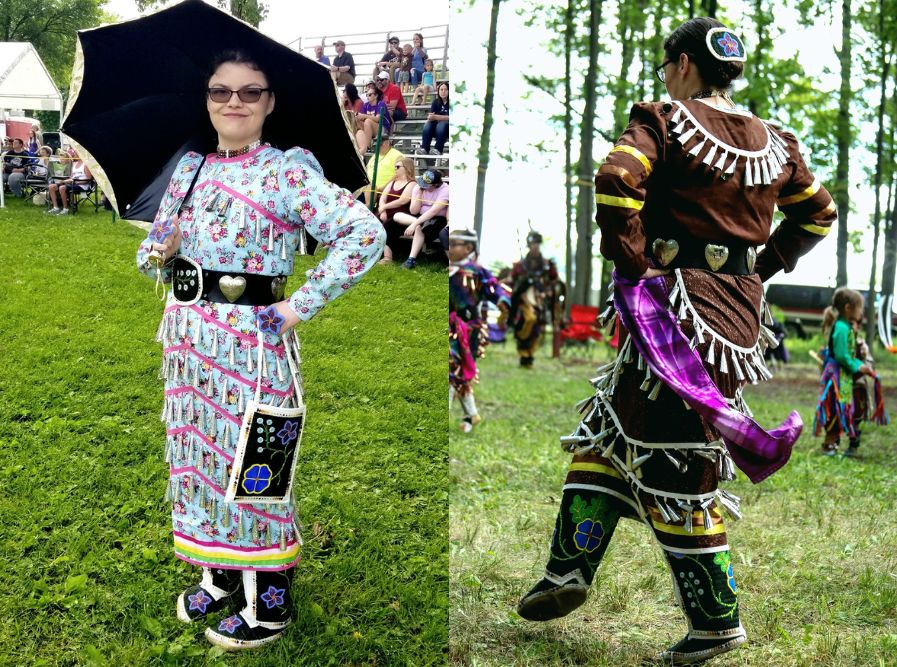 There are two photos here with both showing a woman wearing regalia. The photo on the left her dress is light blue and he is holding a black umbrella. The photo on the right her dress is brown and he is dancing. 