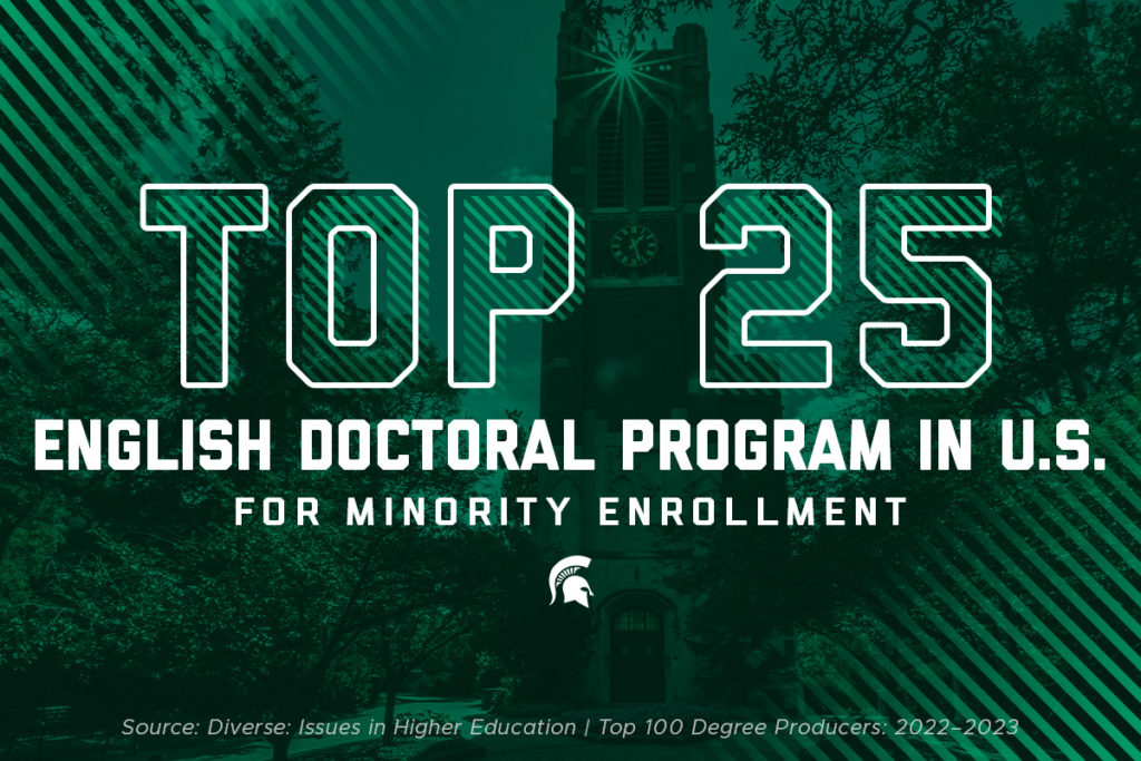 The Beaumont Tower, clock tower, on the campus of Michigan State University is in the background. Over the image is a green filter and text that says: “Top 25 English Doctoral Program in U.S. for Minority Enrollment” and a Spartan helmet is below that text. Additional small text at the bottom of the graphic says: “Source: Diverse Issues in Higher Education | Top 100 Degree Producers: 2022-2023.”