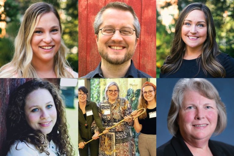 A collage of six portraits and one group photo. Top row, left to right: A smiling woman with blonde hair outdoors, a smiling man with glasses and a beard standing in front of a red wooden background, and a woman with long brown hair smiling outdoors. Bottom row, left to right: a woman with curly brown hair against a wooden background, with greenery behind her, three women standing indoors with the center woman holding a wooden cane, and a woman with short blonde hair in a black blazer against a blue background.