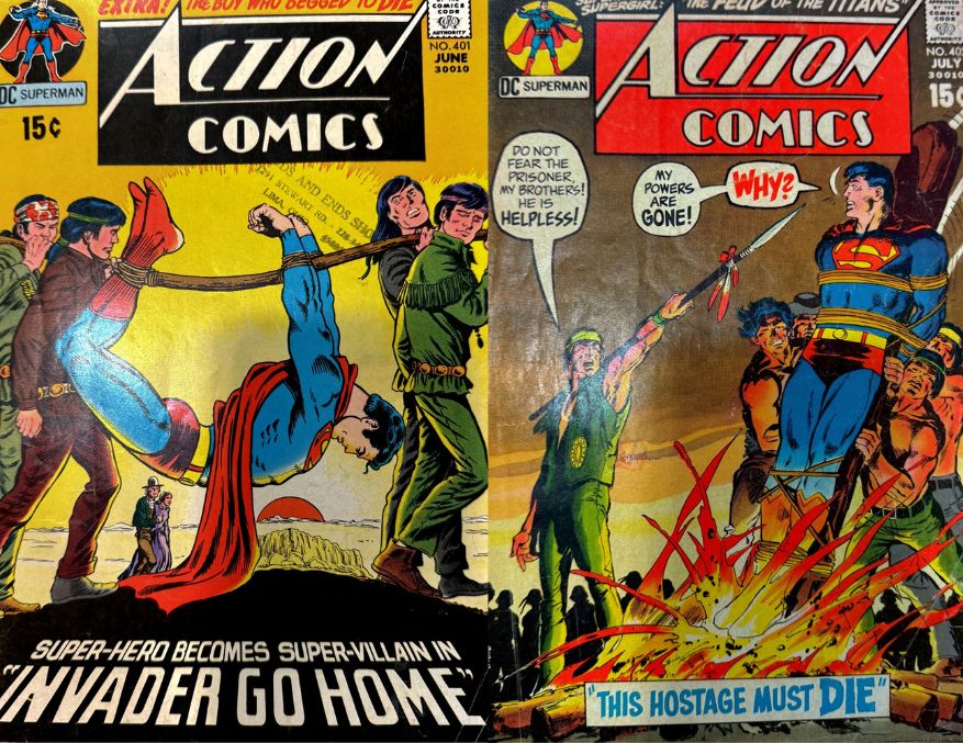 Two vintage Action Comics covers featuring Superman. The left cover depicts Superman bound and carried by soldiers, with his hands tied. The right cover shows Superman tied to wooden stakes above a burning fire, surrounded soldiers. 