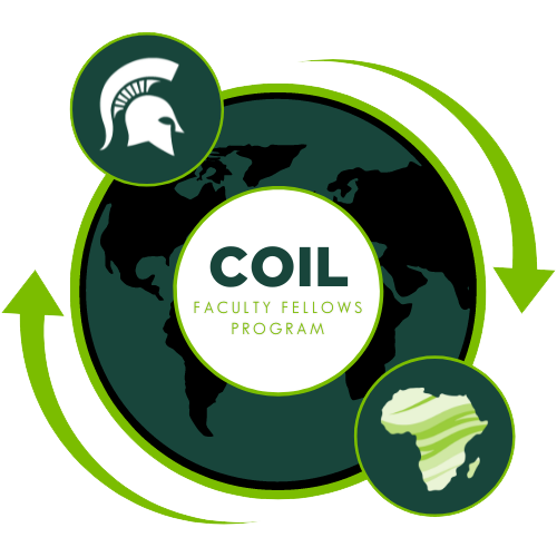 Graphic showing the world, a Spartan helmet, and African continent with arrows pointing to each other, In the center of the graphic is the words \" COIL Faculty Fellows program."