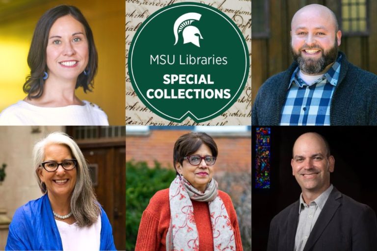 A collage of five photos. At the center is the MSU Libraries Special Collections logo, with a green shield, white text, and the Spartan helmet. Surrounding it are four portraits of individuals. Top left: a woman with shoulder-length dark hair and a white blouse in a yellow-lit hallway. Top right: a man with a beard, wearing a blue plaid shirt and gray cardigan, standing outside a wooden building. Bottom left: a woman with gray hair and a blue shawl in front of a wooden door. Bottom middle: a woman wearing glasses, a red sweater, and a patterned scarf, standing outdoors. Bottom right: A man with a shaved wearing a grey shirt and back suit smiles in front of a stained glass window.