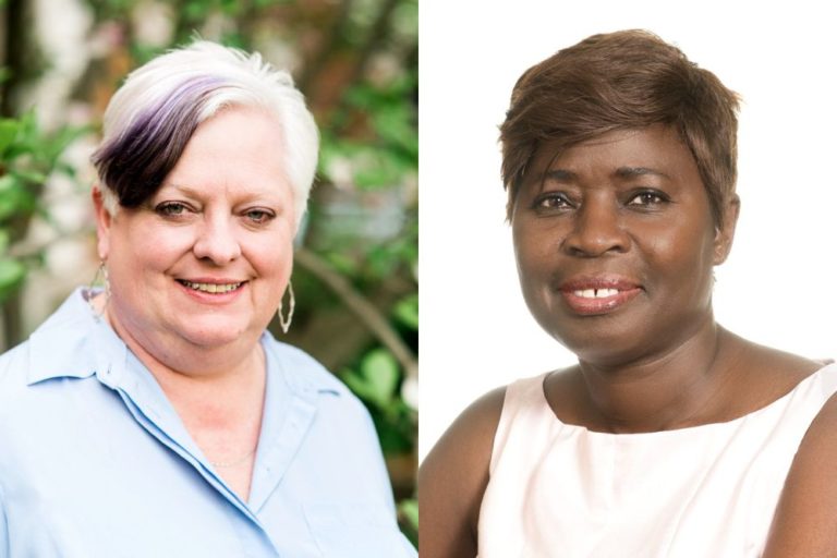 Side-by-side portraits of two women. On the left, a woman with short white hair with a dark streak, wearing a light blue blouse, smiles in an outdoor area. On the right, a woman with short brown hair wearing a white sleeveless top smiles against a plain white background.