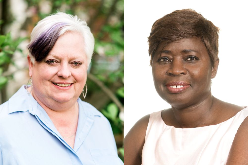 Side-by-side portraits of two women. On the left, a woman with short white hair with a dark streak, wearing a light blue blouse, smiles in an outdoor area. On the right, a woman with short brown hair wearing a white sleeveless top smiles against a plain white background