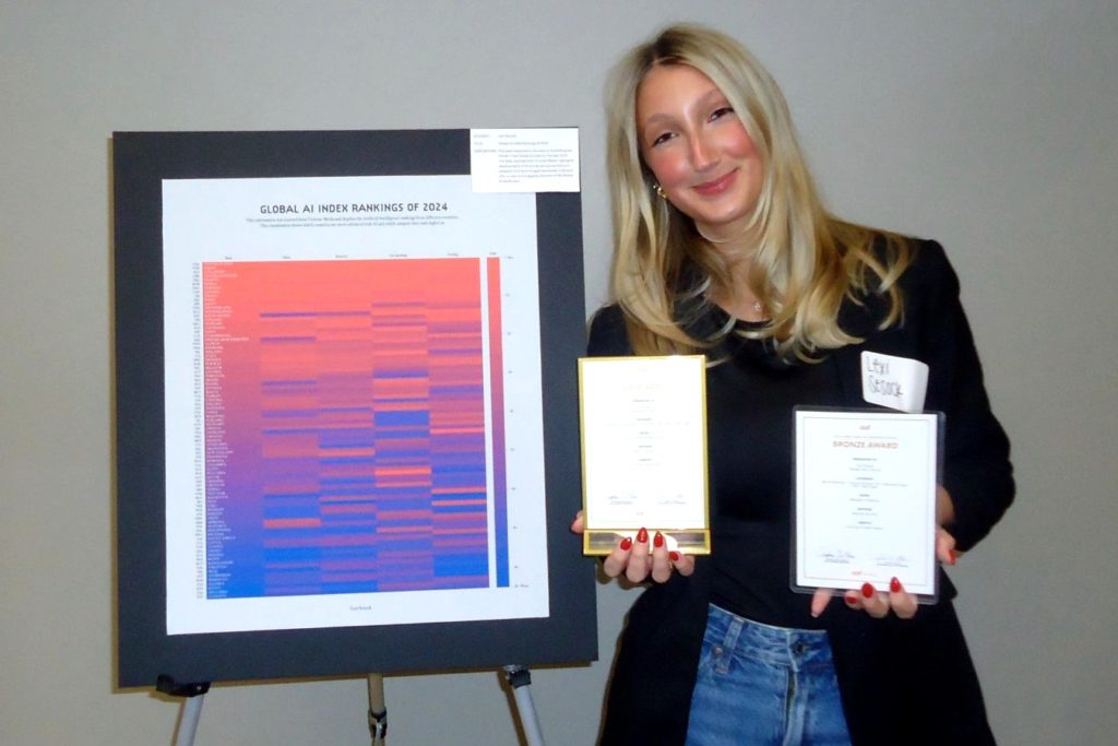 A woman with long blonde hair, wearing a black blazer and jeans, smiles while holding two award plaques. A display board behind her showcases a colorful data visualization titled "Global AI Index Rankings of 2024."