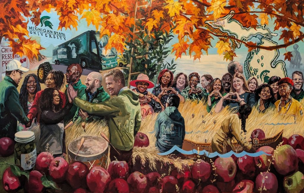 large, colorful painting that shows people, fall leaves, apples and a bus. 