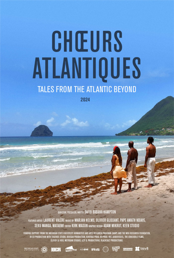 A movie poster that shows three people (one woman and two men) standing on a beach looking out at the ocean. The poster says the words: "Chœurs Atlantiques Tales from thr Atlantic Beyond 2024"